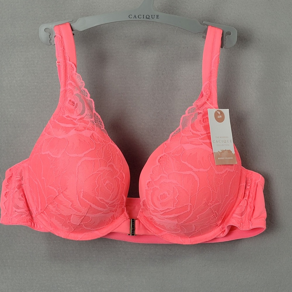 Cacique Bra Boost Plunge Floral Lace Neon Pink Front Closure 42B NWT